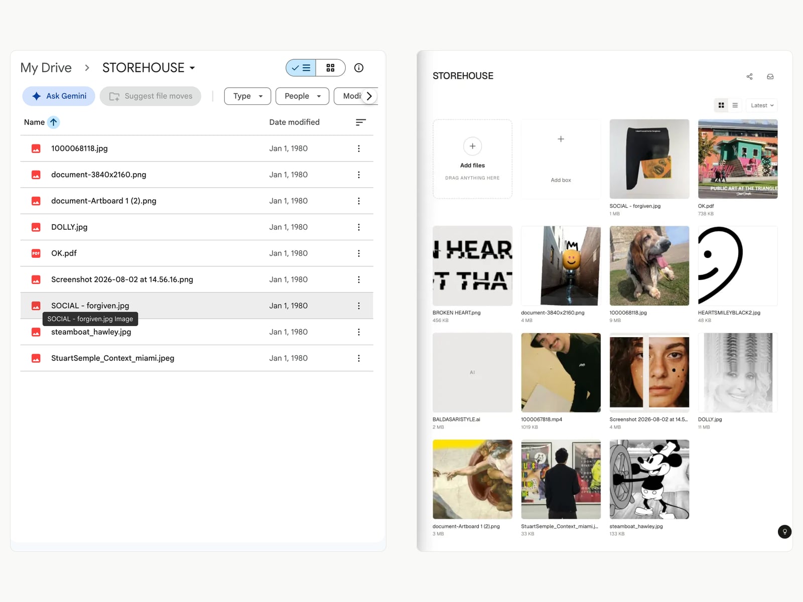 The same work as a list of file names in a drive, and as pictures in Storehouse
